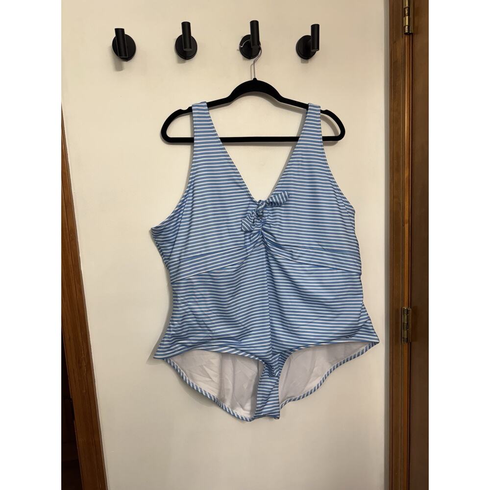 Oasis Women's One Piece 3X Coverage Blue White Striped Swimsuit New $82